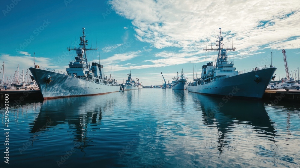 Stunning view of naval ships docked in a harbor, reflecting on calm waters under a bright, blue sky. A serene and picturesque maritime scene. Stunning view of naval ships docked in a harbor, reflecting on calm waters under a bright, blue sky. A serene and picturesque maritime scene.
