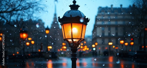 Rainy night, city street lamp, soft focus photo