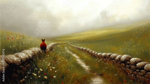 Picturesque Vector Landscape Art with Lone Fox on Stone Path Surrounded by Lush Fields and Wildflowers Under Cloudy Sky - Perfect for Nature and Tranquility Themes