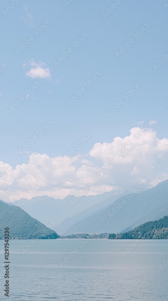 Serene Lake Landscape with Blue Sky and Distant Mountains Serene Lake Landscape with Blue Sky and Distant Mountains