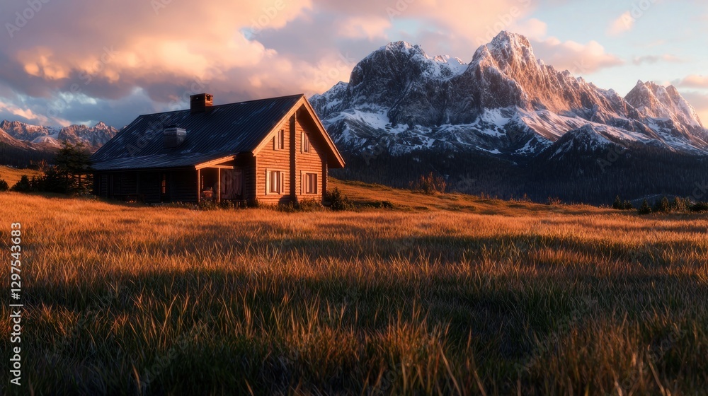 Serene mountain landscape featuring a rustic cabin at sunset with vibrant grass foreground Serene mountain landscape featuring a rustic cabin at sunset with vibrant grass foreground