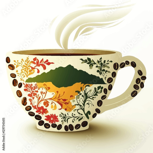 Intricately Designed Coffee Cup with Floral and Mountain Motifs Featuring Coffee Beans and Steaming Aroma Vector Art for Coffee Enthusiasts and Decor Enthusiasts