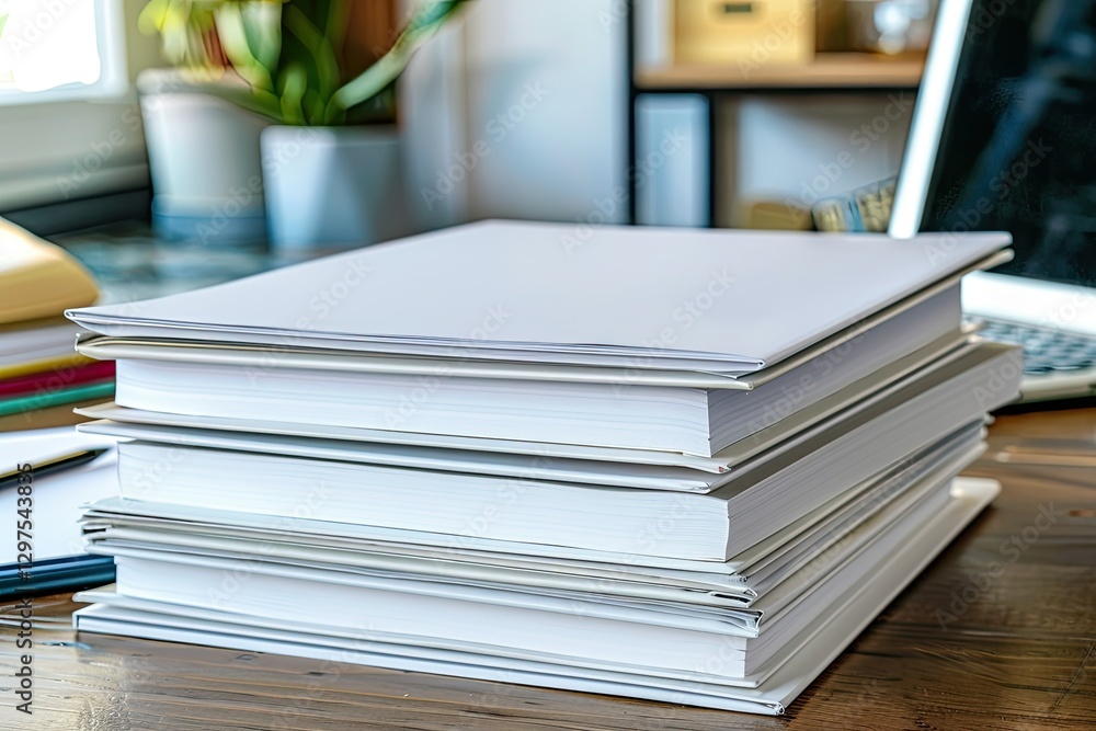 Ultra Hd Image of Stack of Blank Magazines and Laptop on Table Ultra Hd Image of Stack of Blank Magazines and Laptop on Table