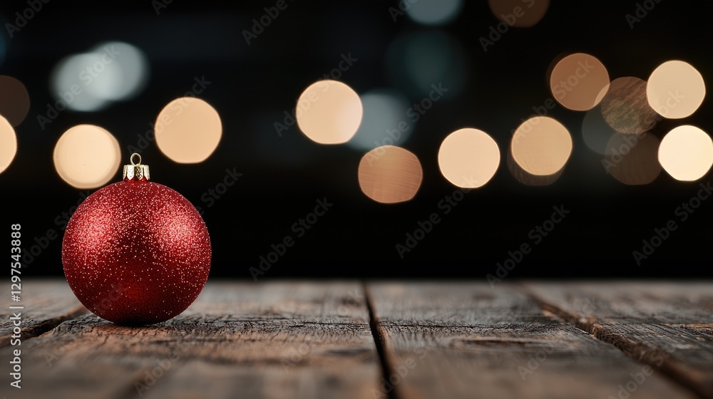Fototapeta premium Red Christmas Ornament on Rustic Wooden Tabletop