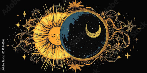 Illustrative Vector Art of Sun and Moon Phases with Celestial Stars and Floral Swirls on Night Sky Themed Background for Cosmic and Spiritual Design Inspiration