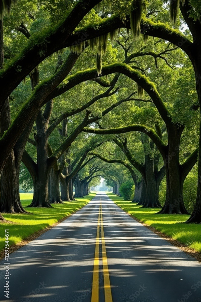 Obraz premium Serene Journey Through a Sun-Dappled Canopy of Ancient Trees Lining a Peaceful Asphalt Road