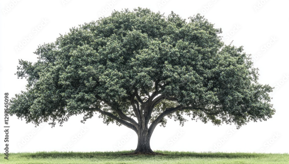 Fototapeta premium isolated majestic tree with dense foliage on green grass casting long shadows under a clear sunny sky