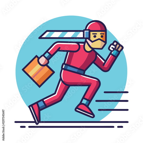 Superhero Running with Package Vector Illustration, A dynamic vector illustration of a superhero running swiftly while holding a package, with motion lines indicating speed.
