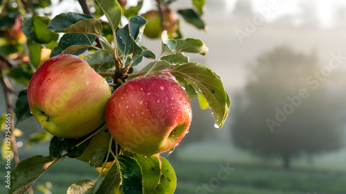 Obraz na płótnie Fresh, ripe apples hanging from a tree branch in the early morning light. w salonie
