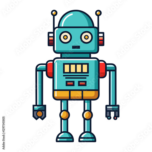 Robot Vector Illustration, A playful vector illustration of a retro robot with a colorful design, featuring antennas and mechanical arms.
