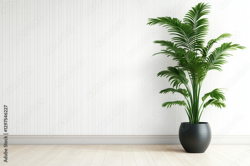 Fototapeta premium Green Plant In Dark Pot Against White Panel Wall
