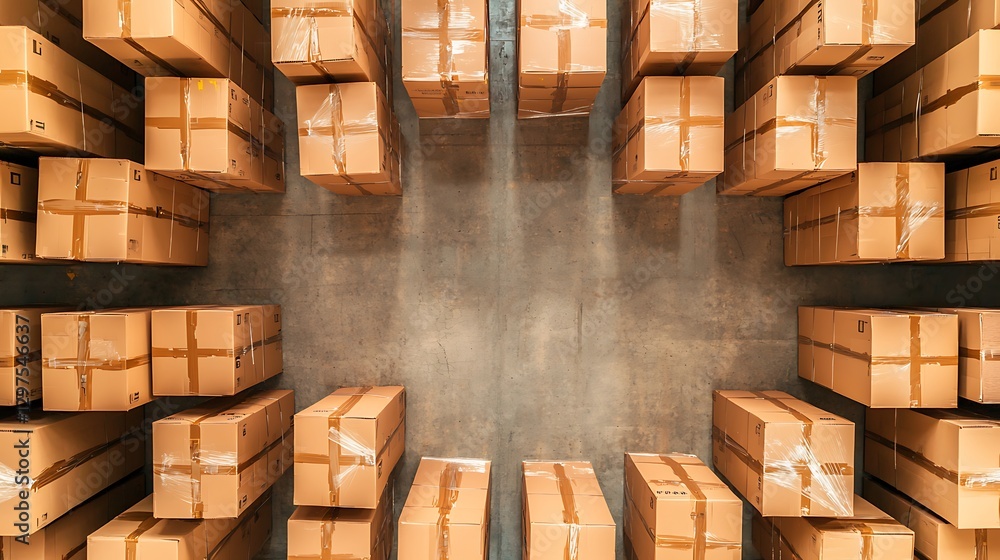 Obraz premium Warehouse action organized delivery boxes industrial setting aerial view of packed shipping supplies