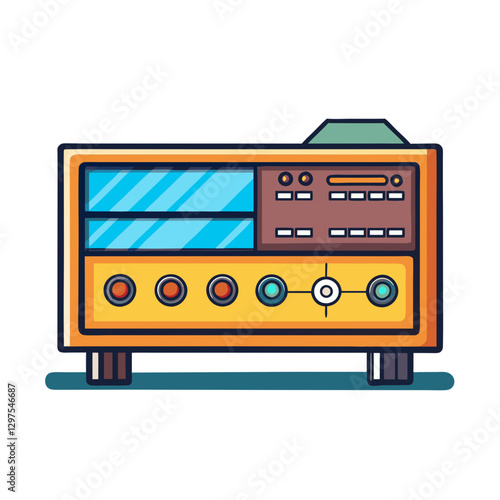 Vintage Radio Vector Illustration, A colorful vector illustration of a vintage radio with knobs, buttons, and a retro design.

