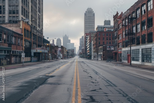 Empty Street View of Downtown Detroit, Urban Cityscape with Architecture and Buildings
