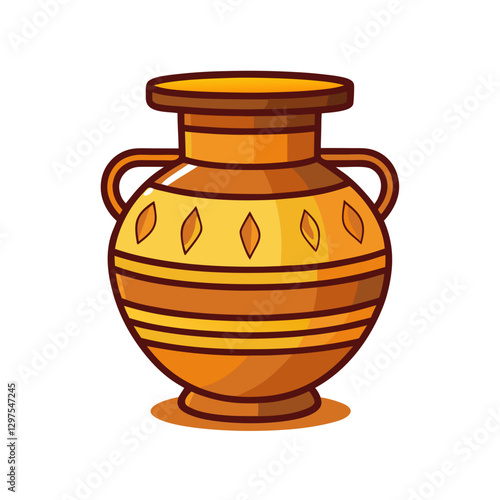 Ancient Pottery Vector Illustration, A vibrant vector illustration of an ancient ceramic pot with decorative patterns, designed in a simple and detailed style.

