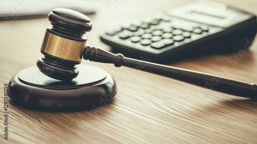 Close Up of Gavel and Calculator on Wooden Desk Surface