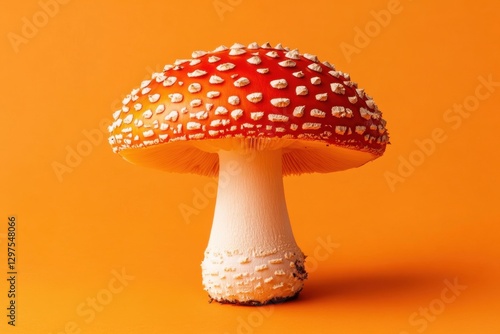 A red capped mushroom with white spots stands in front of orange