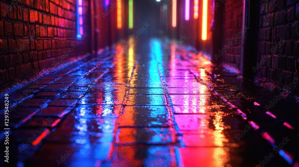 Neon Reflections on Wet Cobblestone Street at Night Neon Reflections on Wet Cobblestone Street at Night