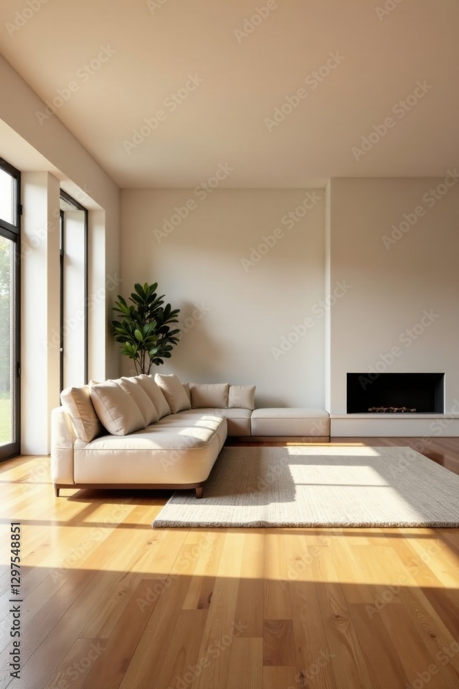 Fototapeta premium Modern Minimalist Living Room Design Featuring a Cream Sectional Sofa, Hardwood Floors, and a Built-in Fireplace