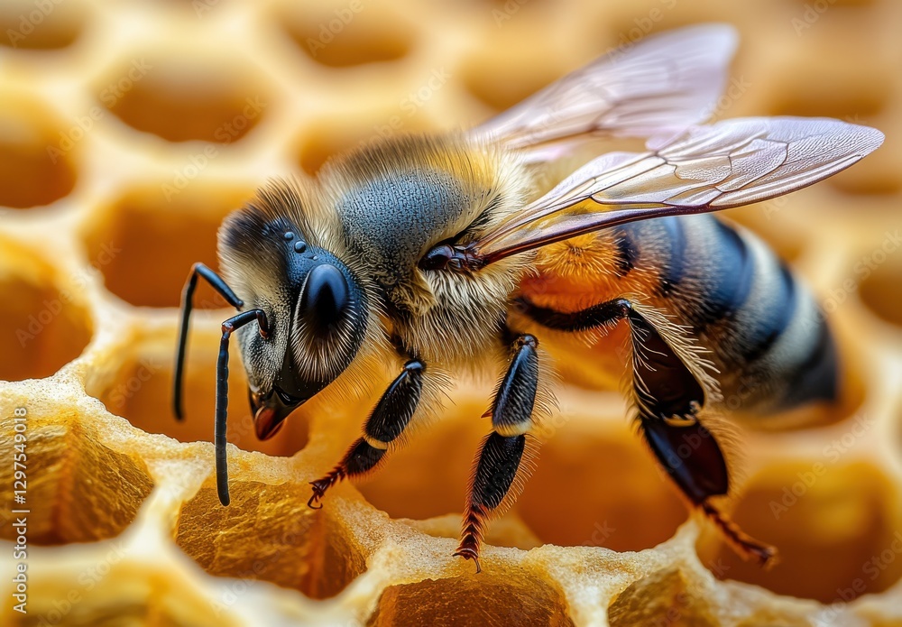 Close-Up of a Honey Bee Gathering Nectar on Honeycomb in a Beehive, Detailed Insect Macro Photography Showcasing Nature's Wonders Close-Up of a Honey Bee Gathering Nectar on Honeycomb in a Beehive, Detailed Insect Macro Photography Showcasing Nature's Wonders