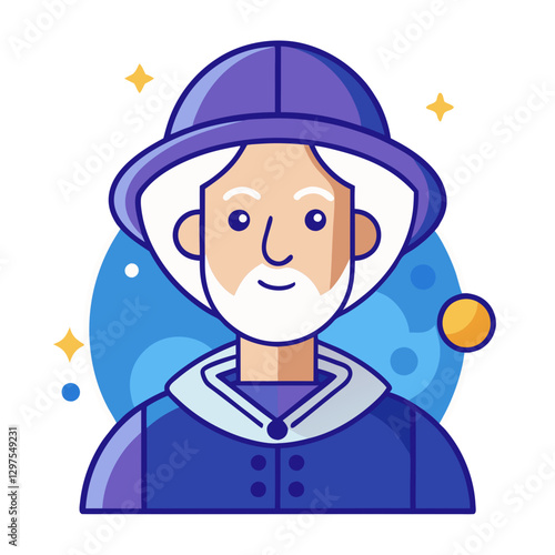 Astronomer with space background vector illustration, Vector illustration of an astronomer with a white beard and hat, surrounded by planets and stars, symbolizing astronomy and space exploration.
