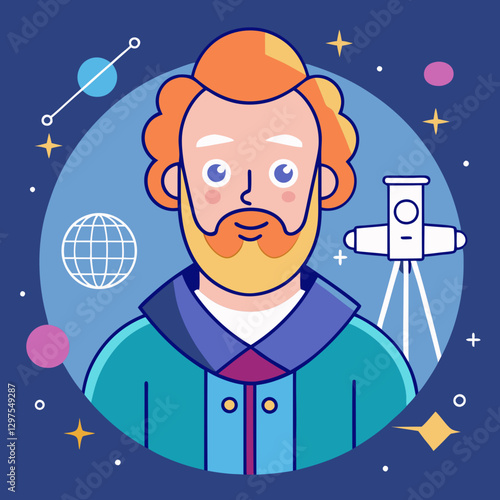 Astronomer with telescope vector illustration, Vector illustration of an astronomer with a telescope, stars, and cosmic elements, symbolizing space exploration and astronomy.
