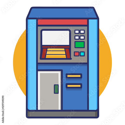 ATM machine vector illustration, Vector illustration of an ATM machine with a screen, keypad, and cash dispenser, symbolizing banking and financial services.
