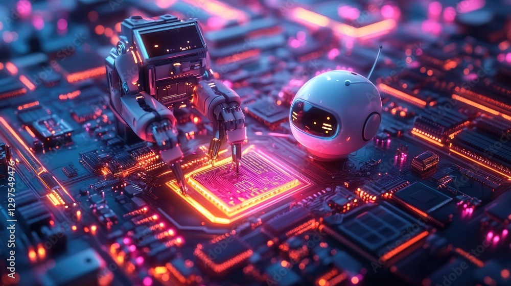 Neon-lit robots work on a glowing circuit board, a futuristic tech scene. Neon-lit robots work on a glowing circuit board, a futuristic tech scene.
