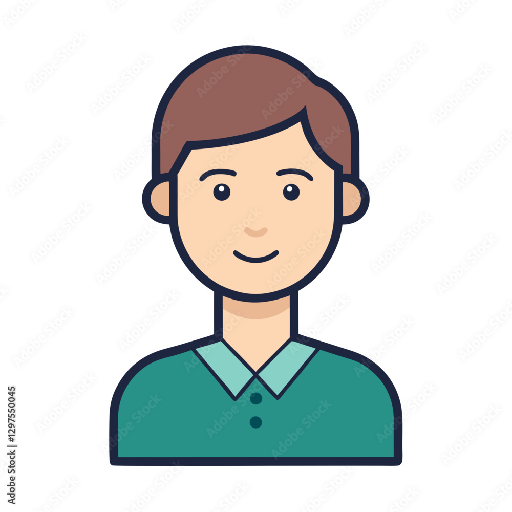 Male Character Avatar Vector Illustration, A vector illustration of a young male character with short brown hair, wearing a teal shirt with a collar, ideal for digital designs.
Male Character Avatar Vector Illustration, A vector illustration of a young male character with short brown hair, wearing a teal shirt with a collar, ideal for digital designs.