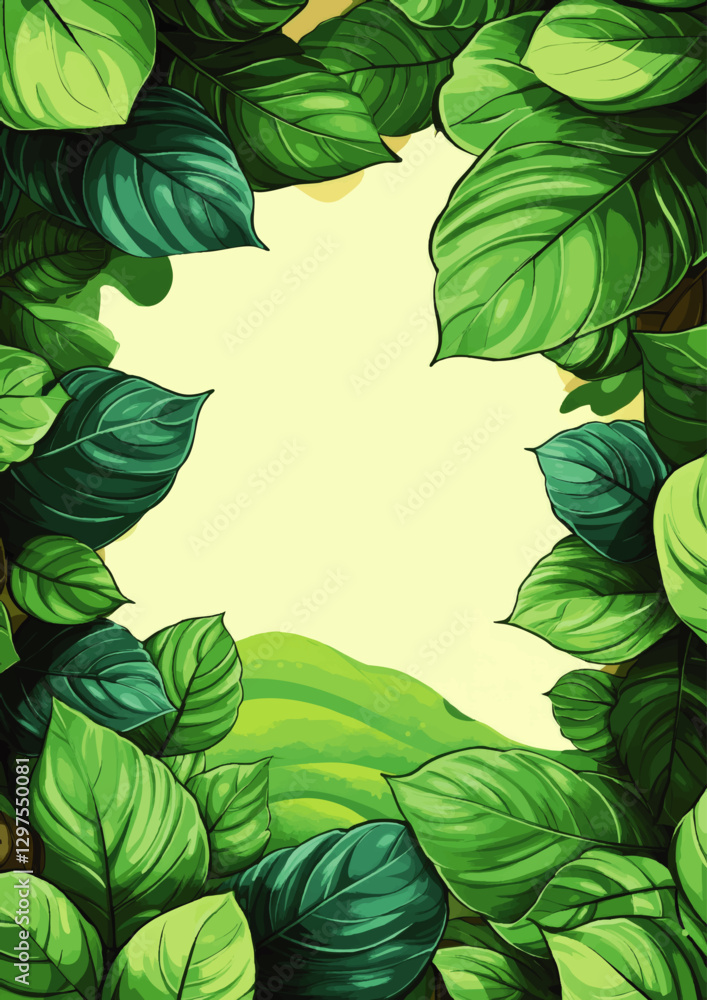 Vibrant Tropical Green Foliage Vector Background with Lush Leaves Border Design for Nature-Themed Projects and Creative Artistic Illustrations Vibrant Tropical Green Foliage Vector Background with Lush Leaves Border Design for Nature-Themed Projects and Creative Artistic Illustrations