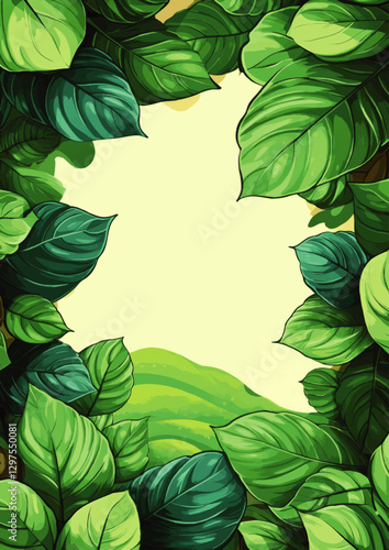 Vibrant Tropical Green Foliage Vector Background with Lush Leaves Border Design for Nature-Themed Projects and Creative Artistic Illustrations