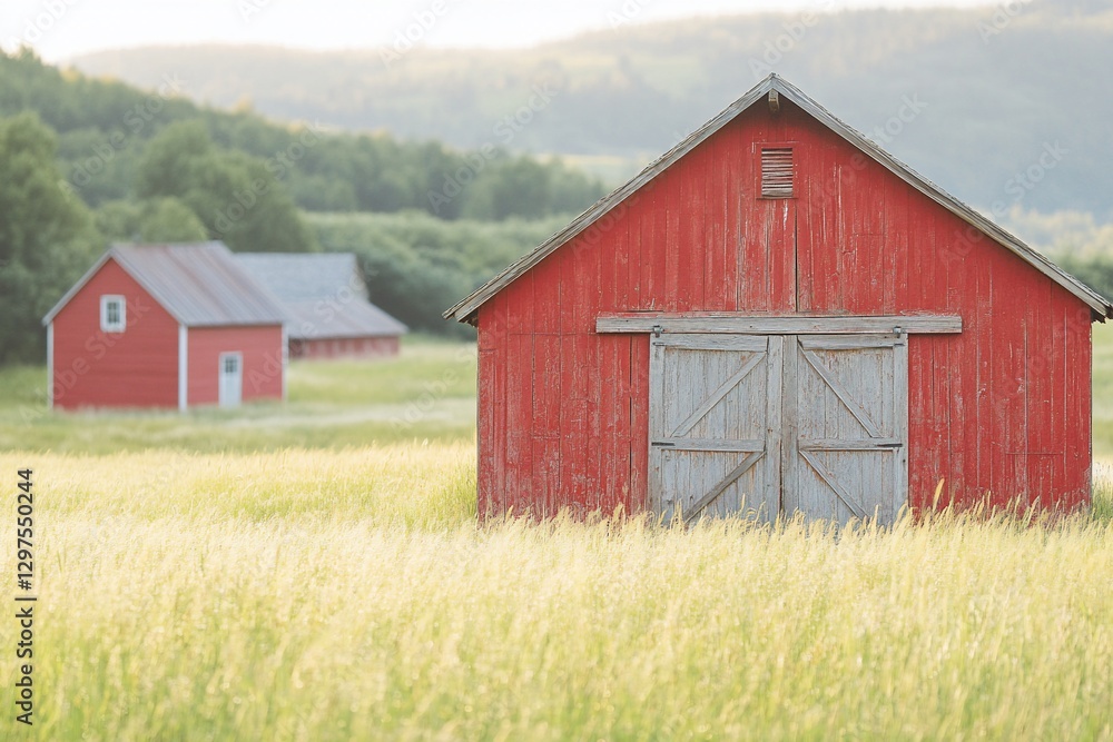 Red barns in golden field, rural landscape, sunset Red barns in golden field, rural landscape, sunset