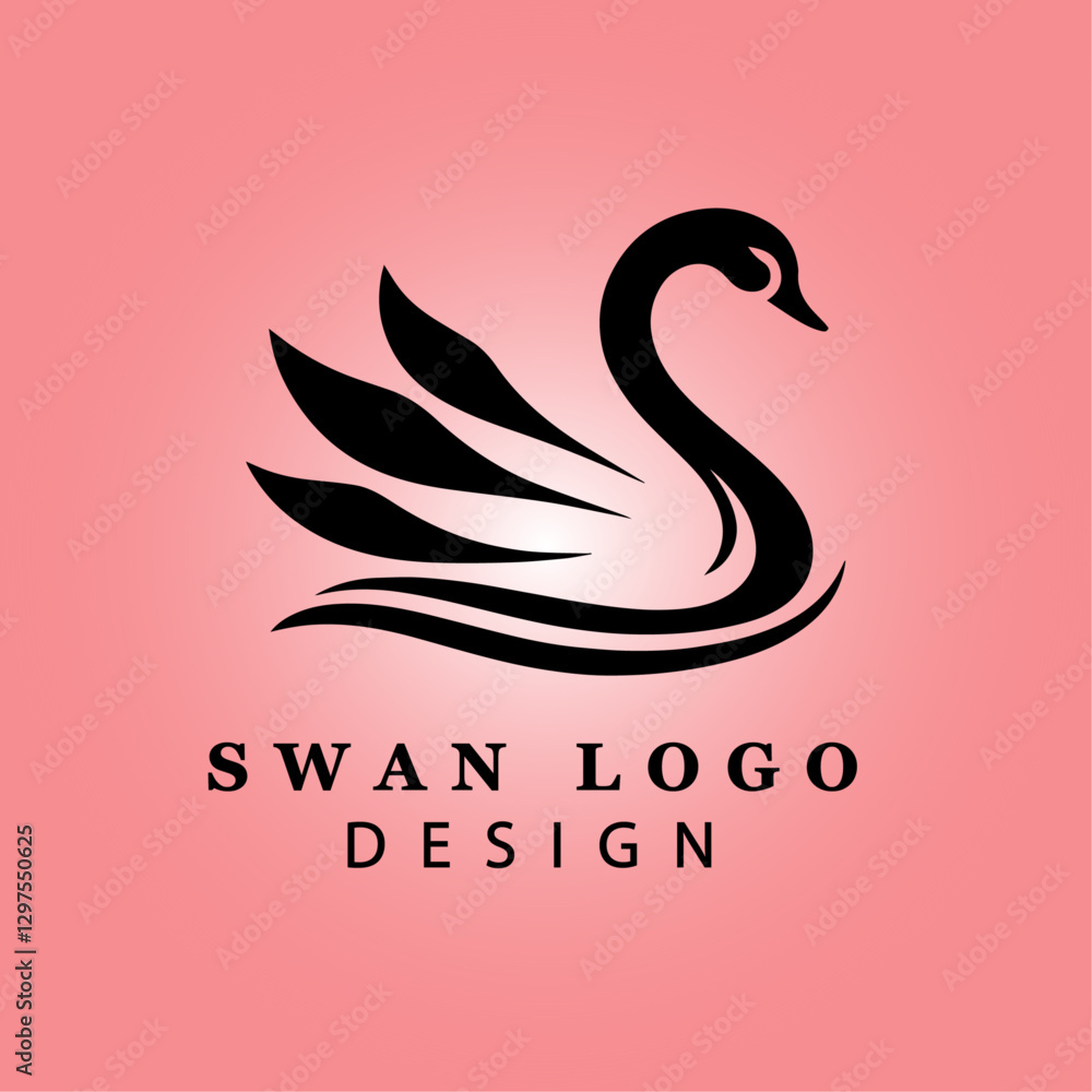 Obraz premium Elegant Black Swan Logo with Wings Spread on Pink Gradient Background for Branding, Luxury, Business, Beauty, and Creative Design Concepts 