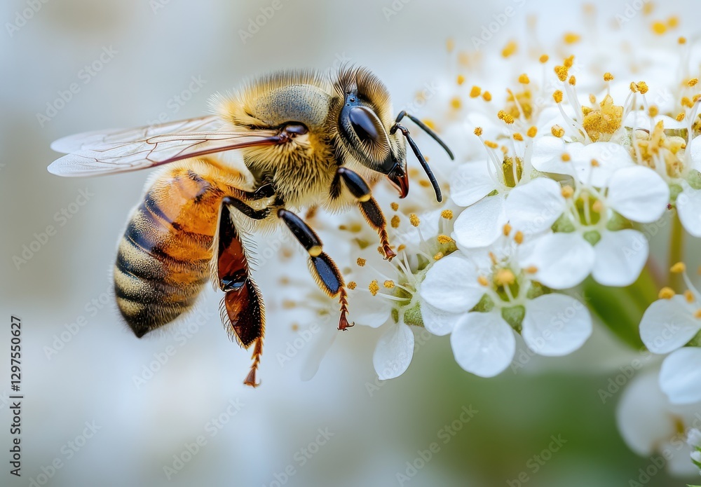Close-up of a Honey Bee Pollinating Delicate White Blossoms in a Natural Garden Environment with Soft Focus Background Close-up of a Honey Bee Pollinating Delicate White Blossoms in a Natural Garden Environment with Soft Focus Background