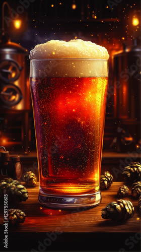 Craft Beer Vector Illustration: Vibrant Amber Ale in Glass with Foam, Surrounded by Fresh Hops on Rustic Brewery Background - Perfect for Beer Enthusiasts