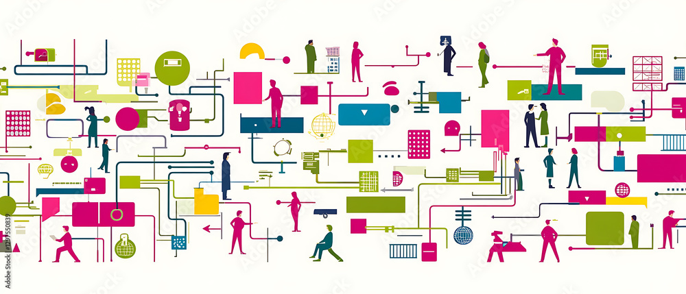 Fototapeta premium Dynamic business interactions modern workspace infographic design abstract environment top-down view visual communication