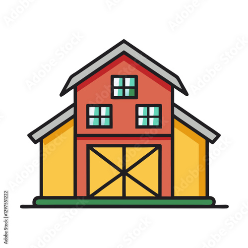 Farm barn vector illustration, A colorful vector illustration of a traditional red farm barn with blue doors and windows, ideal for agriculture and rural themes.
