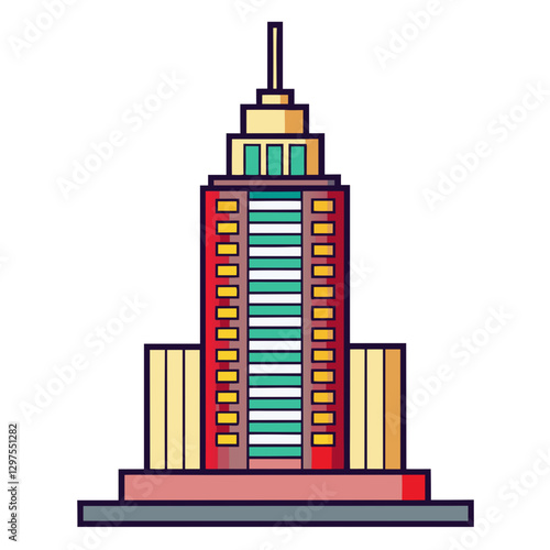 Modern skyscraper vector illustration, A vector illustration of a modern skyscraper with glass windows and colorful lower levels, perfect for architecture and city themes.
