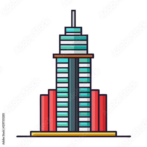 Modern skyscraper vector illustration, A vector illustration of a modern skyscraper with glass windows and colorful lower levels, perfect for architecture and city themes.
