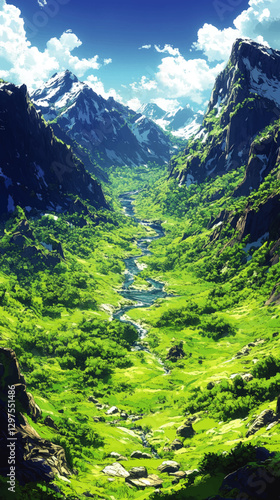 Scenic Mountain Valley Vector Art: Lush Green Landscape, Snow-capped Peaks, Serene River, Dramatic Sky, Perfect for Nature, Travel, and Adventure Themes