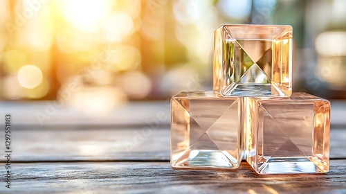 Showcasing transparent crystal cubes on wooden surface natural light still life outdoor ambiance