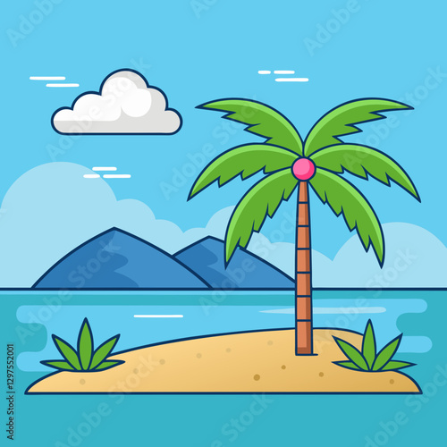 Tropical Island with Palm Tree and Mountains, A serene tropical island scene with a palm tree, sandy shore, ocean, and distant mountains, perfect for a peaceful getaway.
