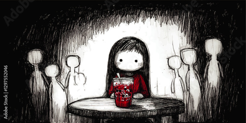 Emotive Black and White Vector Art of Girl with Bubble Tea at Table Surrounded by Shaded Figures - Emotional Character Illustration in Dramatic Lighting