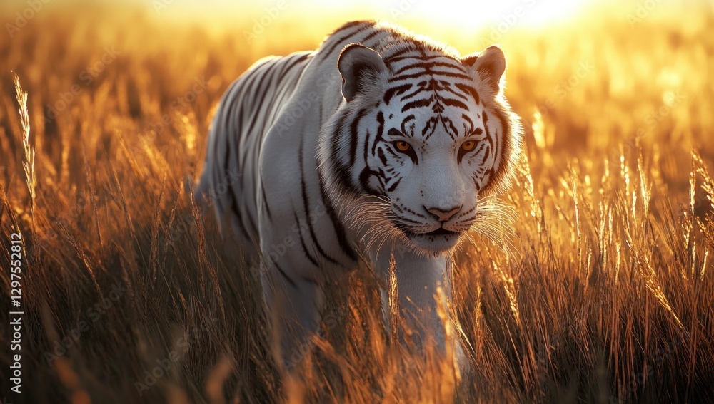 Naklejka premium a rare white tiger prowls the sun-kissed golden meadow adding a touch of wild beauty to nature