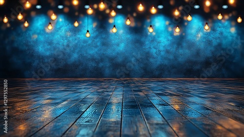 Dark blue moody background with hanging lights and wooden floor.