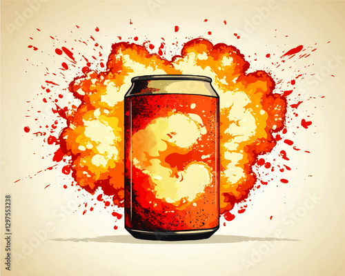 Explosive Vector Art of Soda Can with Splashing Orange and Red Colors | Dynamic Pop Art Illustration of Fizzy Drink | Vibrant Energy and Creativity in Design