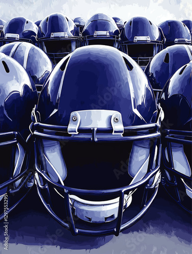 Dynamic Vector Image of Blue American Football Helmets Aligned in Formation - Perfect for Sports Graphics, Merchandise, and Athletic Event Promotions