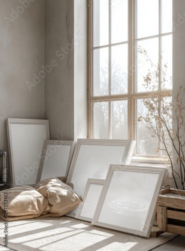 Empty frames, beige pillows, sunlit loft room
