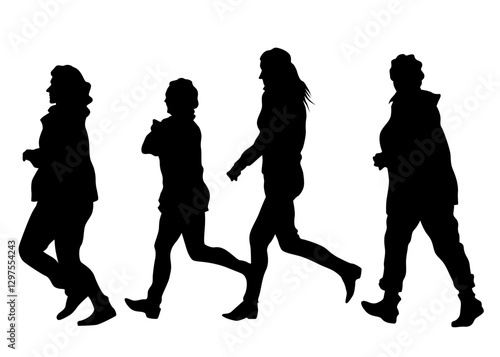 Young athletes run a marathon. Isolated silhouettes on white background