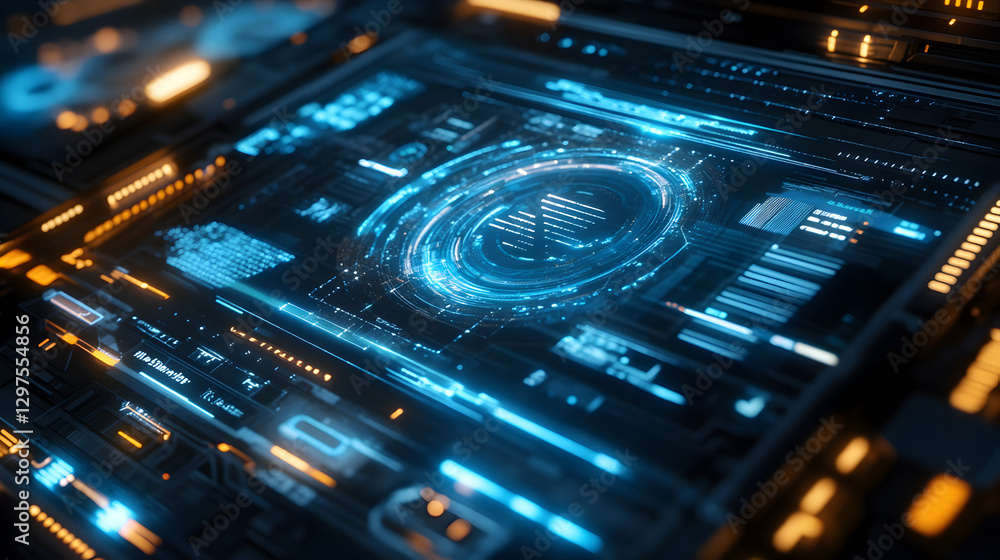 Obraz premium display with layered digital interface and interactive glowing elements 